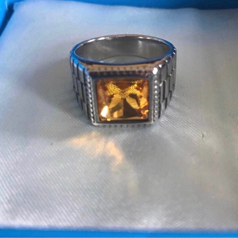 Silver Tone Stainless Steel Men's Ring with Square Amber Gem